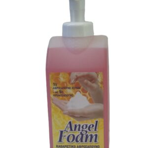 Λευκή φιάλη 1 λίτρου ANGEL FOAM milk & honey , ελληνικό αφροσάπουνο χεριών με αντλία. Το προϊόν προσφέρει πλούσιο αφρό, καθαρισμό και οικονομία, καθώς 1 λίτρο ισοδυναμεί με 5 λίτρα κρεμοσάπουνο. Παράγεται από την HOLCHEM.