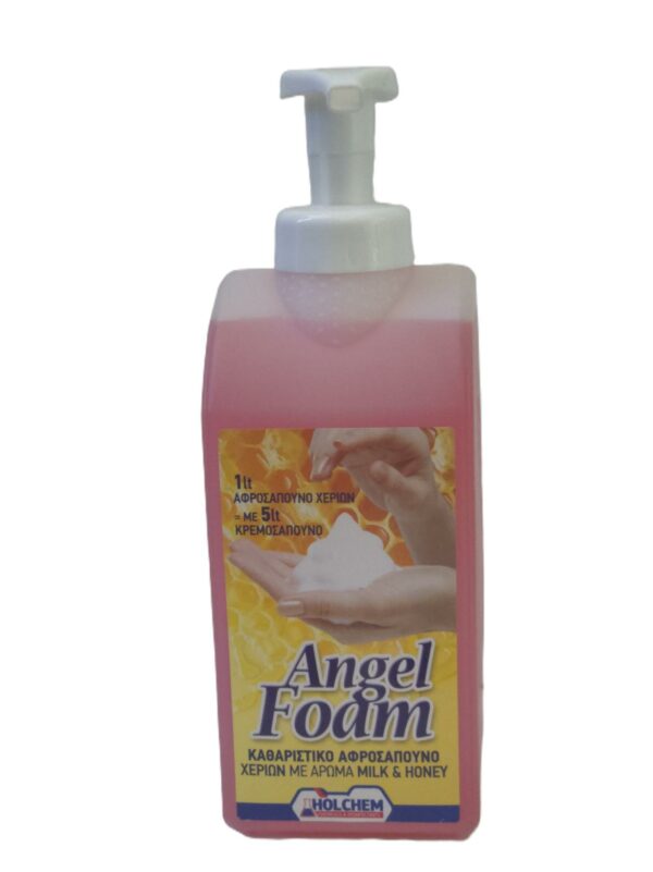 Λευκή φιάλη 1 λίτρου ANGEL FOAM milk & honey , ελληνικό αφροσάπουνο χεριών με αντλία. Το προϊόν προσφέρει πλούσιο αφρό, καθαρισμό και οικονομία, καθώς 1 λίτρο ισοδυναμεί με 5 λίτρα κρεμοσάπουνο. Παράγεται από την HOLCHEM.
