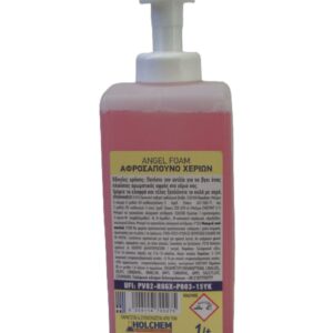 "Λευκή φιάλη 1 λίτρου ANGEL FOAM milk & honey , ελληνικό αφροσάπουνο χεριών με αντλία. Το προϊόν προσφέρει πλούσιο αφρό, καθαρισμό και οικονομία, καθώς 1 λίτρο ισοδυναμεί με 5 λίτρα κρεμοσάπουνο. Παράγεται από την HOLCHEM."