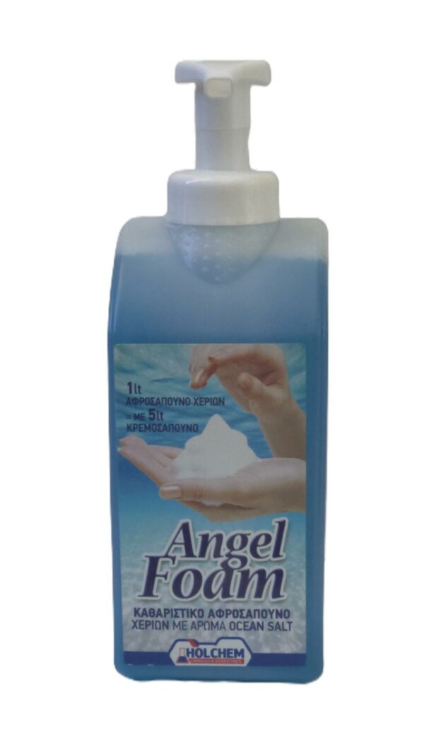 "Λευκή φιάλη 1 λίτρου ANGEL FOAM ocean salt, ελληνικό αφροσάπουνο χεριών με αντλία. Το προϊόν προσφέρει πλούσιο αφρό, καθαρισμό και οικονομία, καθώς 1 λίτρο ισοδυναμεί με 5 λίτρα κρεμοσάπουνο. Παράγεται από την HOLCHEM."