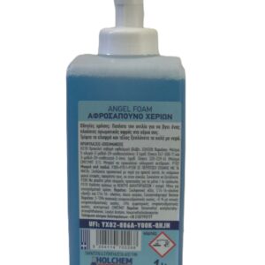 "Λευκή φιάλη 1 λίτρου ANGEL FOAM ocean salt, ελληνικό αφροσάπουνο χεριών με αντλία. Το προϊόν προσφέρει πλούσιο αφρό, καθαρισμό και οικονομία, καθώς 1 λίτρο ισοδυναμεί με 5 λίτρα κρεμοσάπουνο. Παράγεται από την HOLCHEM."